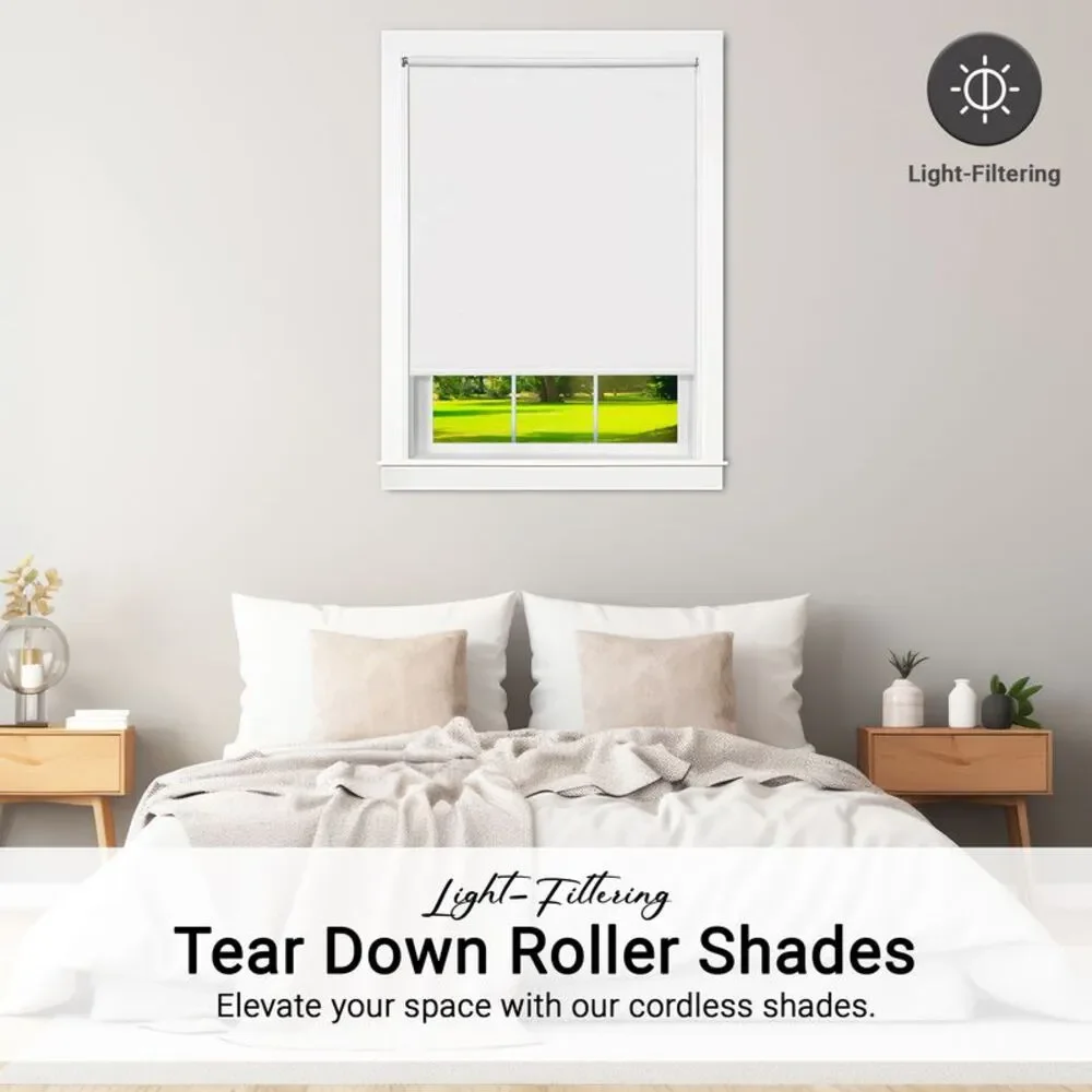 PowerSellerUSA Vinyl Roller Shades, Light Filtering 4-Gauge Thick, Cordless